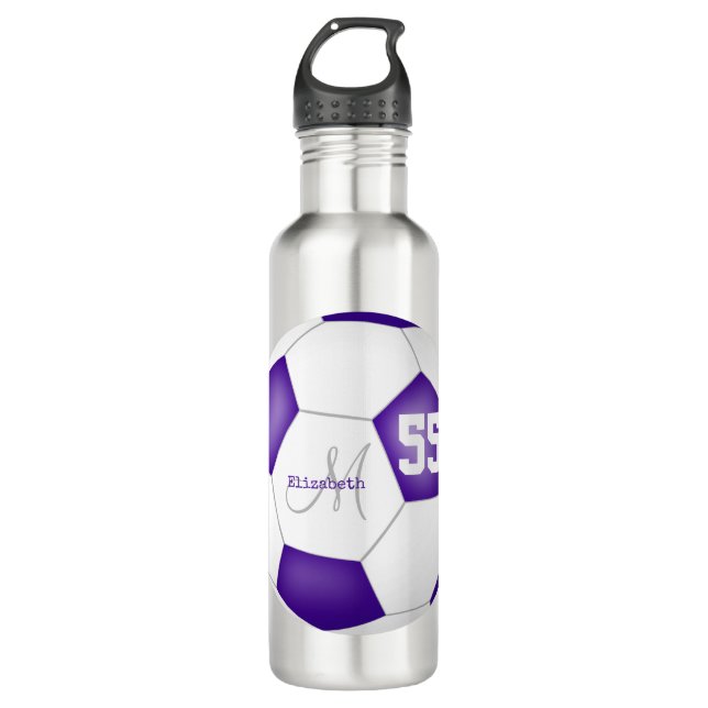 lila weiße Fußball Mädchen Name Jersey Nummer Edelstahlflasche (Vorderseite)