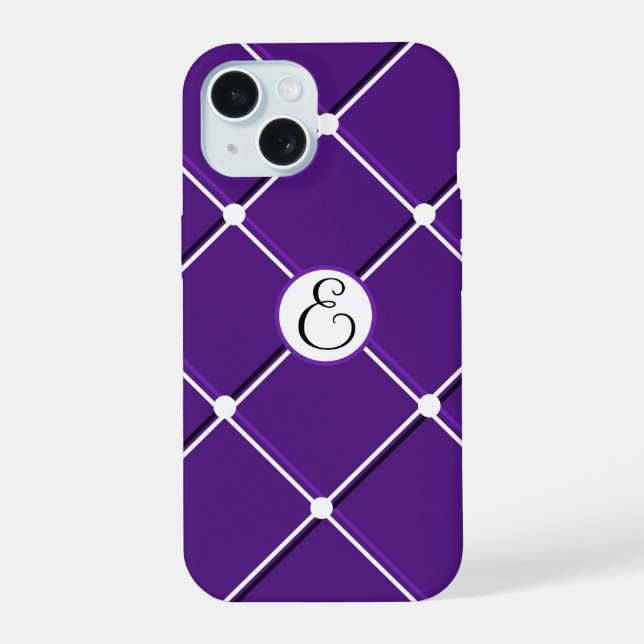 Lila-weiße gestreifte Design-Fancy-E-Initiale iPhone 15 Hülle (Rückseite)