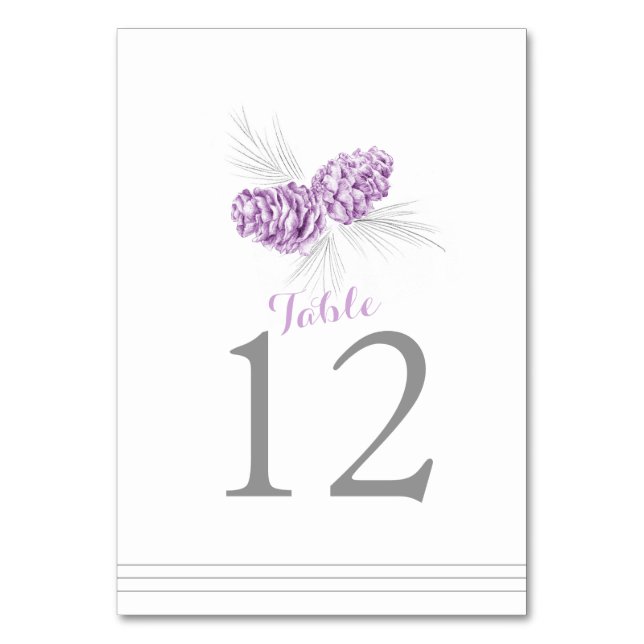 Lila weiße Hochzeitskunst mit Kiefernzapfen - Tisc Tischnummer (Rückseite)