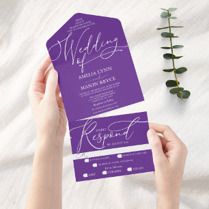 Lila-weiße Kalligrafie-Schrift Hochzeit All In One Einladung