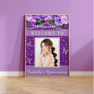 Lila Weiße Quinceañera-Foto-Perlen Willkommen Poster
