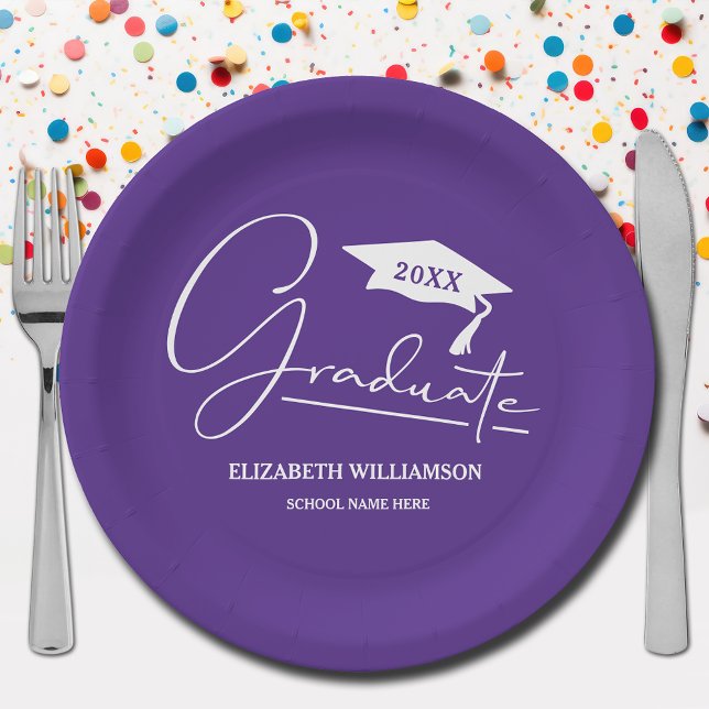Lila weiße Skriptabstufungshülse Pappteller (Your name, year, grad cap and "Graduate" in a cool script on purple school color paper plates)