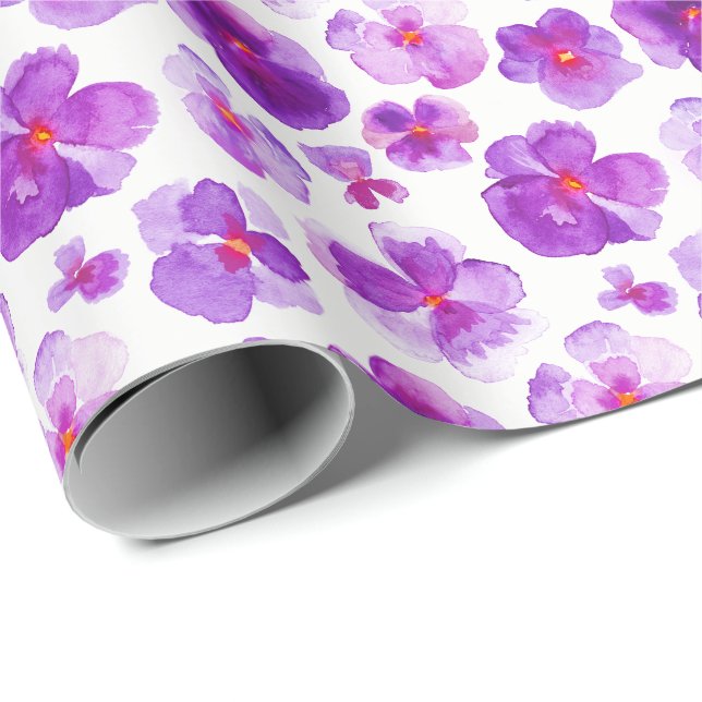 Lila weiße Stiefmütterchen florale Aquarellfolie Geschenkpapier (Rolleneckpunkt)