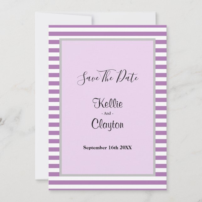 Lila/weiße Streifen Gerahmte Hochzeit speichern da Save The Date (Vorderseite)