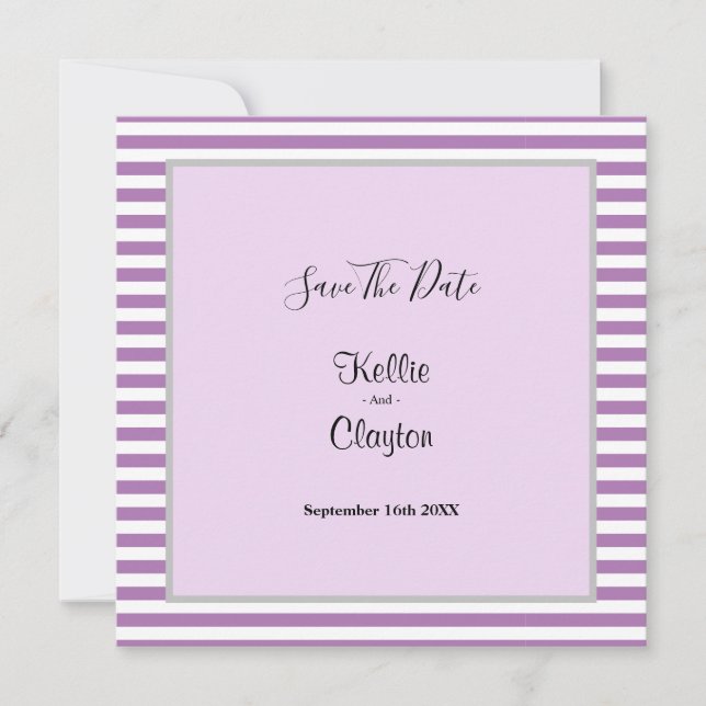 Lila/weiße Streifen Gerahmte Hochzeit speichern da Save The Date (Vorderseite)