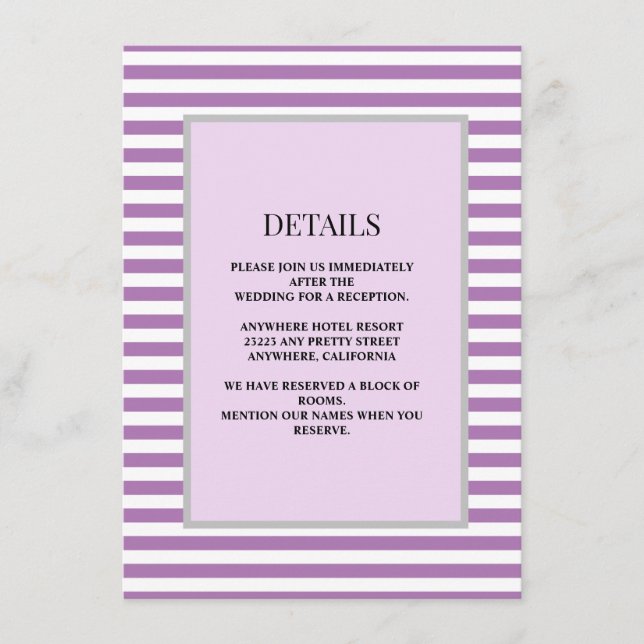 Lila/weiße Streifen Gerahmte Hochzeitsdetails Begleitkarte (Vorderseite)