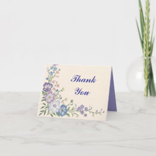 Lila, weiße und blaue Blumenschrift Dankeskarte