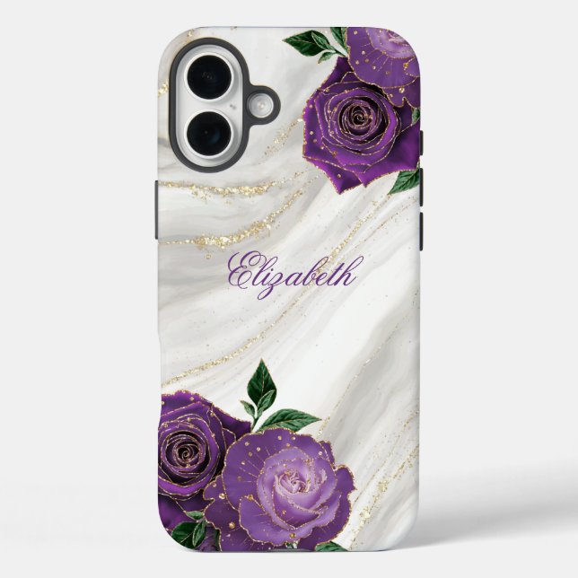 Lila weißer Blumenmarmor iPhone 16 Plus Hülle (Rückseite)