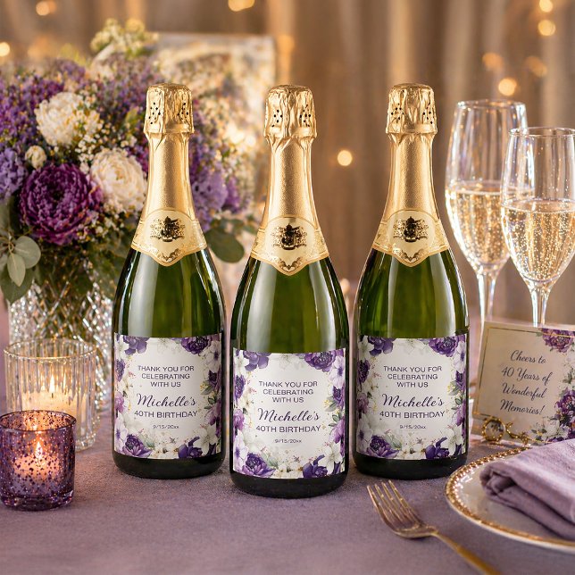 Lila weißer Glitzer (Purple watercolor floral sparkling wine bottle labels)
