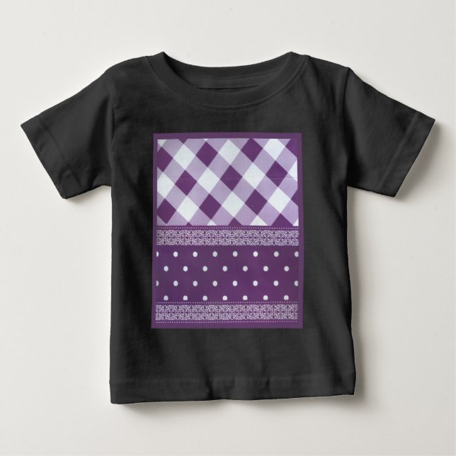 Lila weißer Karrer Polka Dock Damaskus Kunst Baby T-shirt (Vorderseite)