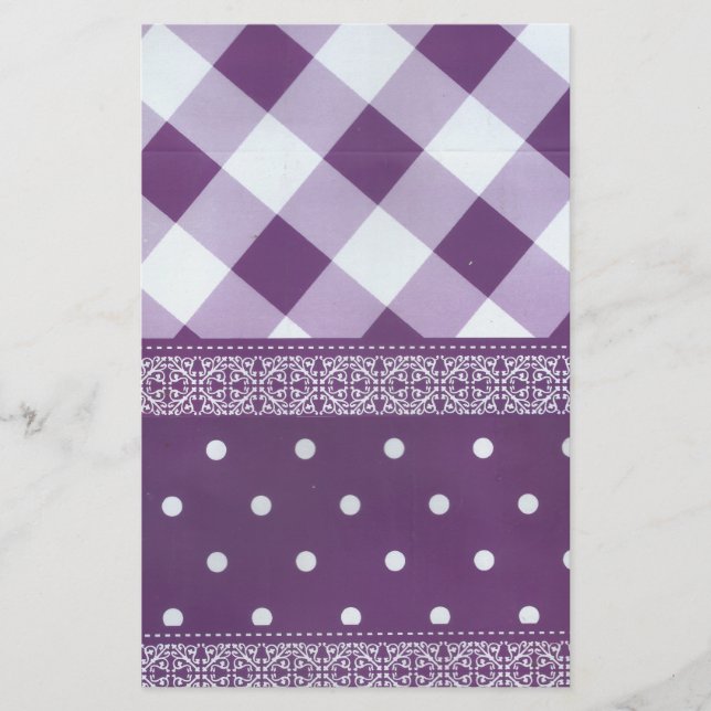 Lila weißer Karrer Polka Dock Damaskus Kunst Briefpapier (Vorderseite)