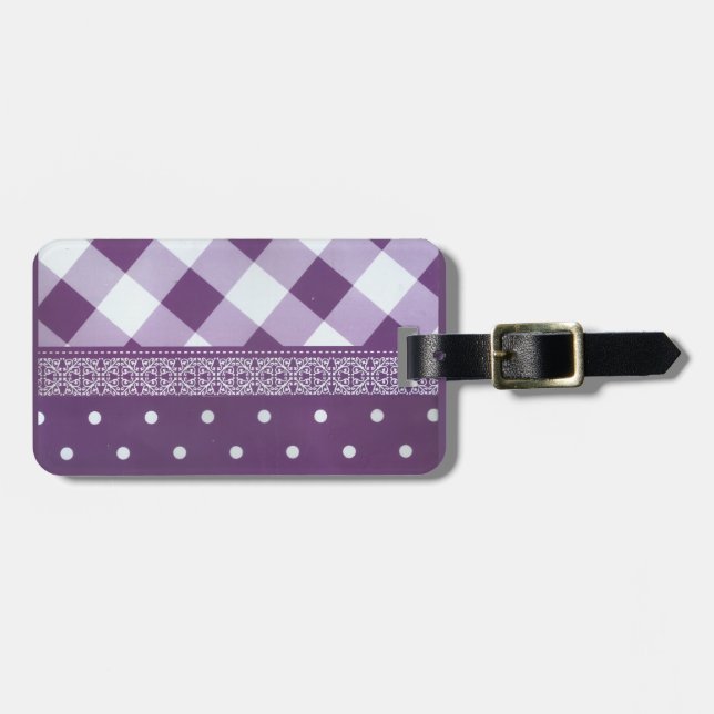Lila weißer Karrer Polka Dock Damaskus Kunst Gepäckanhänger (Vorderseite horizontal)