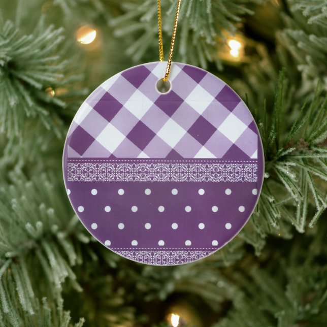 Lila weißer Karrer Polka Dock Damaskus Kunst Keramik Ornament (Baum)