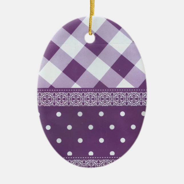 Lila weißer Karrer Polka Dock Damaskus Kunst Keramik Ornament (Vorne)