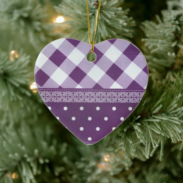 Lila weißer Karrer Polka Dock Damaskus Kunst Keramikornament (Baum)