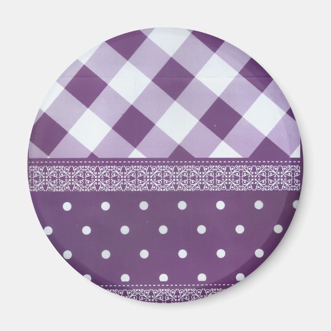 Lila weißer Karrer Polka Dock Damaskus Kunst Magnet (Vorne)