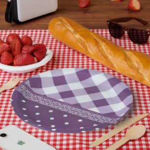 Lila weißer Karrer Polka Dock Damaskus Kunst Pappteller