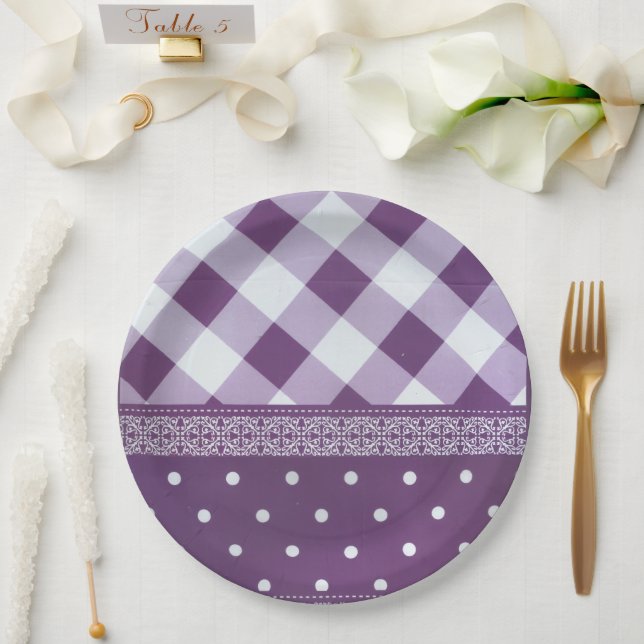 Lila weißer Karrer Polka Dock Damaskus Kunst Pappteller (Hochzeit)
