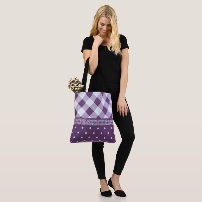 Lila weißer Karrer Polka Dock Damaskus Kunst Tasche (Am Model)