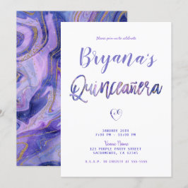 Lila weißer Marmor Chic Glam 15 Quinceañera Einladung