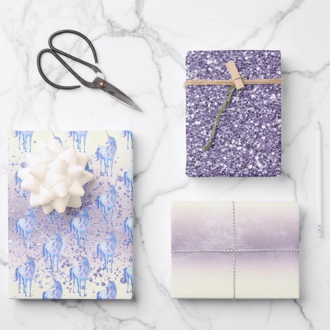 Lila Weißes Einhorn Glitzer Traumstrecke Airolo -  Geschenkpapier Set (Vorderseite)
