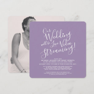 Lila weißes Foto Live Streaming Hochzeit Einladung