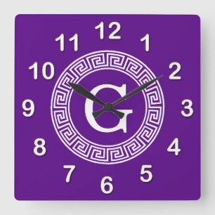 Lila weißes griechisches SchlüsselRnd Quadratische Wanduhr
