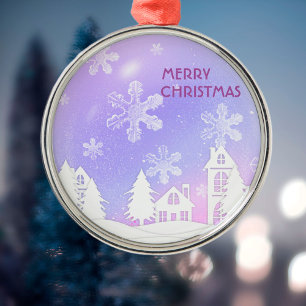 Lila weißes, lichtdurchlässiges Schneehaus Ornament Aus Metall