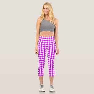 Lila weißes Schachbrett Diamantmuster Capri Leggings