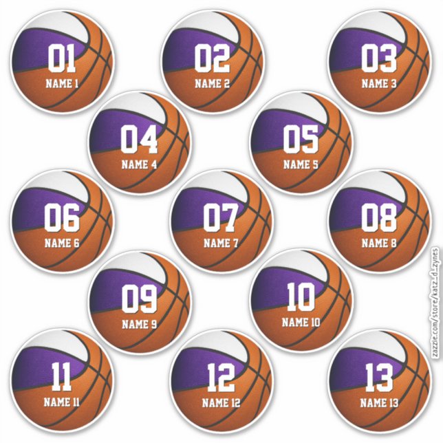lila weißes Set mit 13 Basketballgeschenken Aufkleber (Vorderseite)