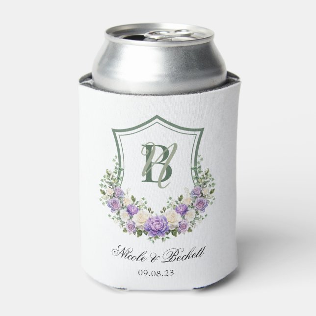 Lila weißes Wappen Hochzeit Cooler Dosenkühler (Kanne Vorderseite)