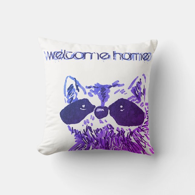 Lila Welcome Zuhause Woodland Animal Raccoon Kissen (Vorderseite)
