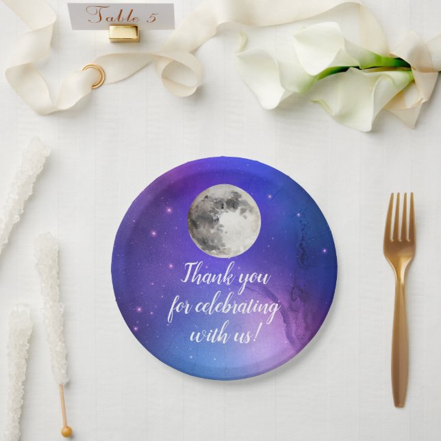 Lila Weltraumstars über dem Mond Pappteller (Hochzeit)