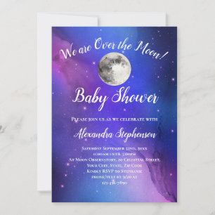 Lila Weltraumstars über der Mond-Babydusche Einladung