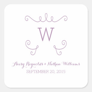 Lila Whimsical Blüh Monogram Wedding Quadratischer Aufkleber
