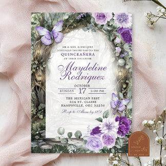 Lila Whimsischer Wald Quinceanera Einladung
