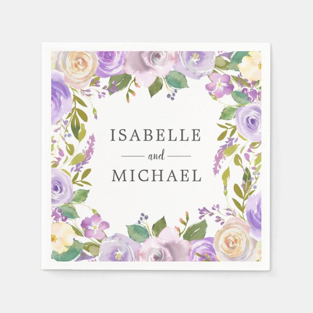Lila White Floral Monogram Name Wedding Serviette (Vorderseite)