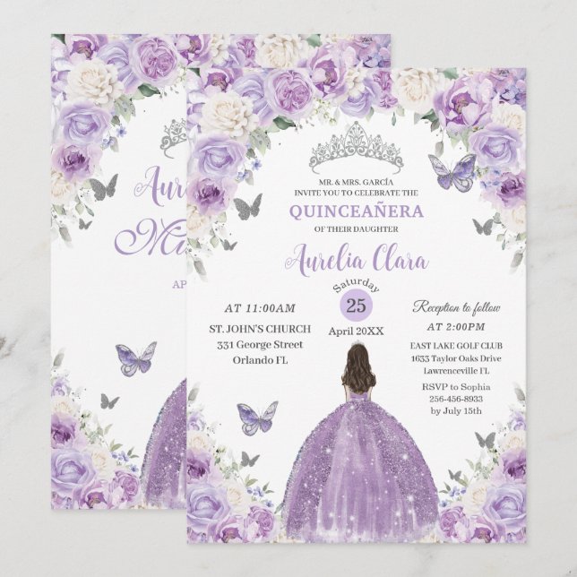 Lila White Floral Princess Quinceañera XV 16 Einladung (Vorne/Hinten)