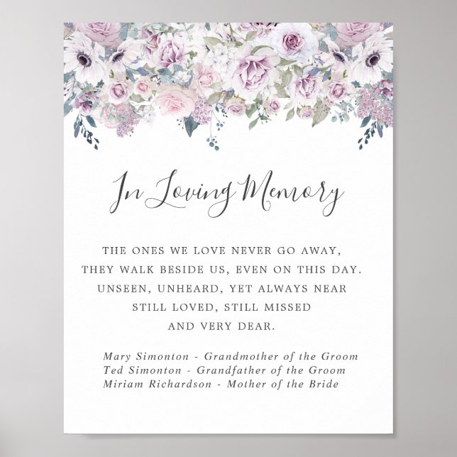 Lila White Floral Wedding Memorial Sign Poster (Vorne)