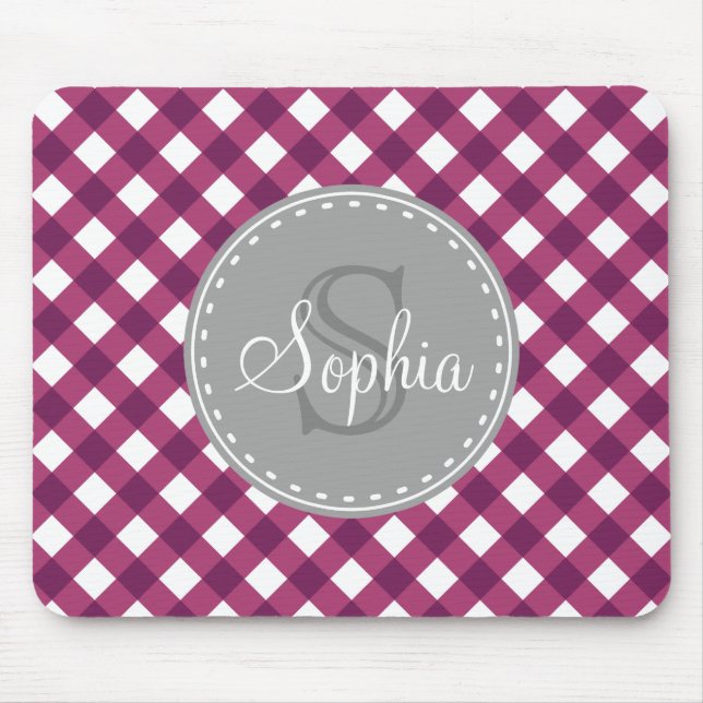 Lila White Gingham Kariert Pattern Monogramm Mousepad (Vorne)