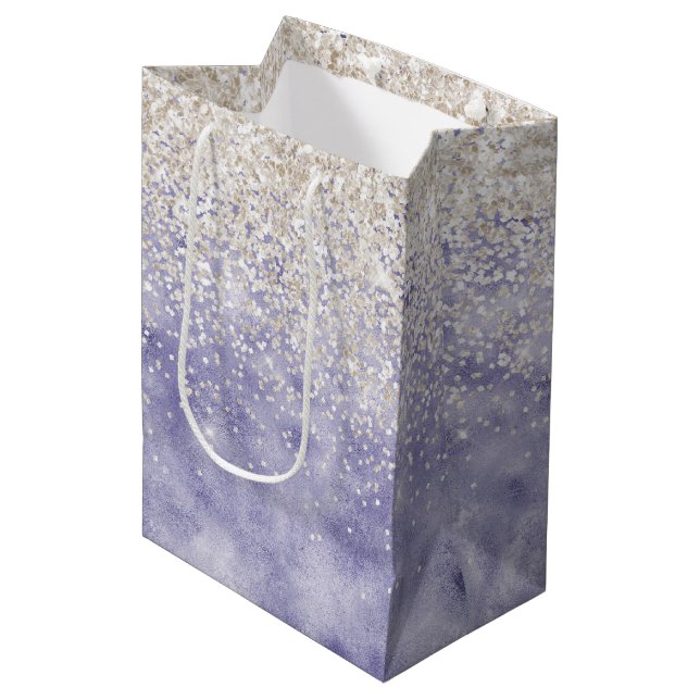 Lila White Glitz Glitzer Mittlere Geschenktüte (Vorderseite Schrägansicht)