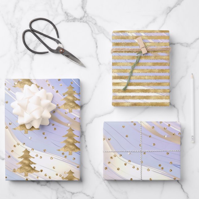 Lila White Gold Christmas Tree Glitz Geschenkpapier Set (Vorderseite)