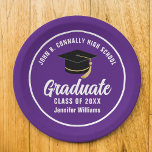 Lila White Graduate Custom 2025 Graduation Party Pappteller<br><div class="desc">Diese moderne,  lila-weiße,  maßgeschneiderte Papiertafel der Graduiertengruppe zeigt klassische Typografie Ihres High School- oder Uni-Namens für die Klasse von 2025. Passen Sie mit Ihrem geschlossen Jahr unter der schicken handgeschriebenen Drehbuch und schwarzen Graduiertenkappe für ein großartiges personalisiertes Graduiertendekor.</div>