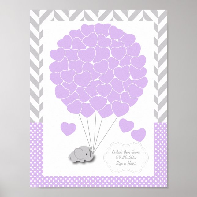 Lila, White Gray Elephant Baby Shower 2 - Gast Poster (Vorne)