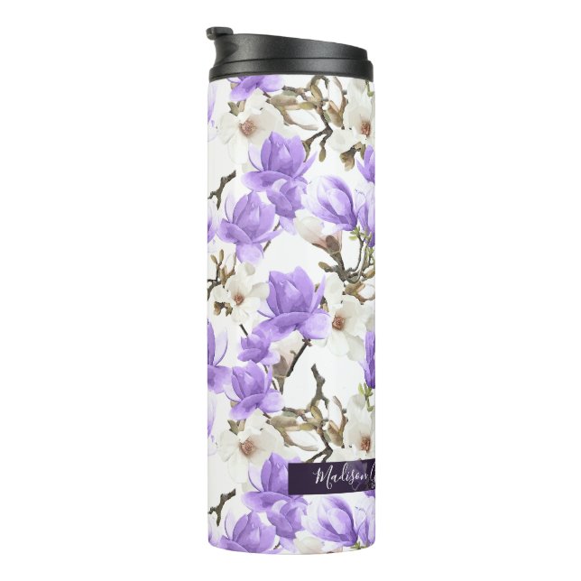 Lila-White Magnolia Blossom Wasserfarbenes Muster Thermosbecher (Nach rechts gedreht)