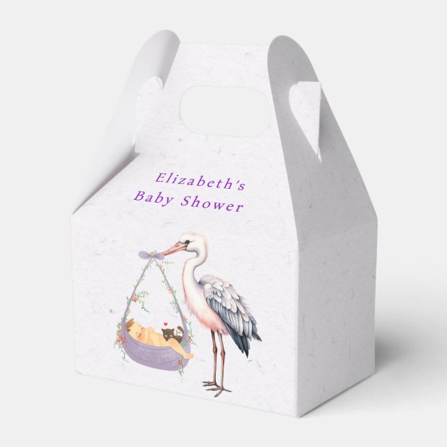Lila White Stork Baby Dusche Geschenkschachtel (Vorderseite)