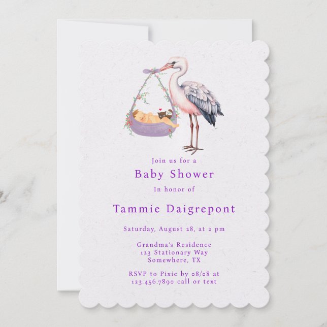 Lila White Stork Girl Babydusche Einladung (Vorderseite)