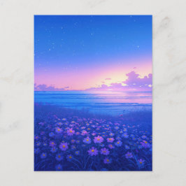 Lila Wiesen mit Wildblumen und Sternenmeer Postkarte