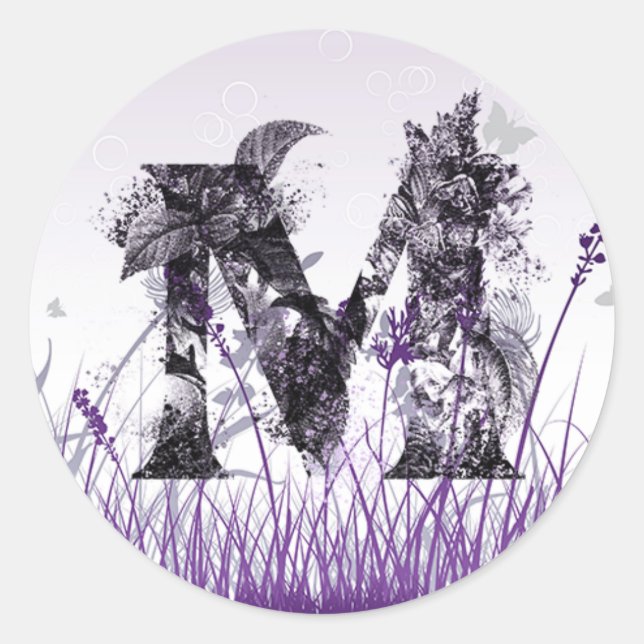 Lila Wiesen und Blume Alphabet - Letter M Girl Runder Aufkleber (Vorderseite)