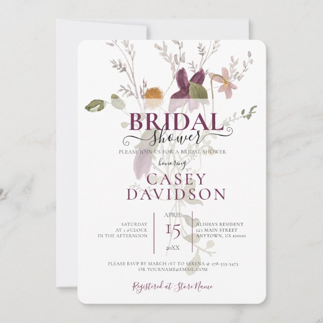Lila Wild Blume Bridal Dusche Einladung (Vorderseite)